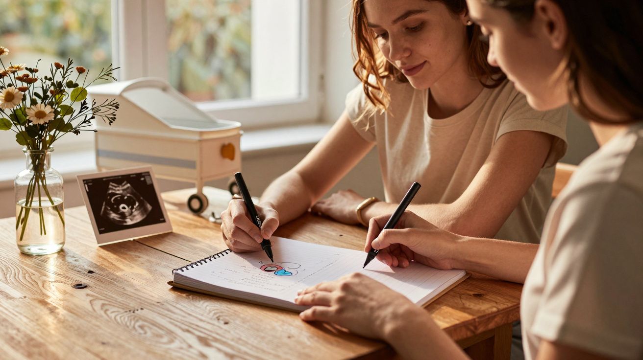 Duas pessoas desenham num caderno numa mesa de madeira; ao lado, flores e uma imagem de ultrassom.