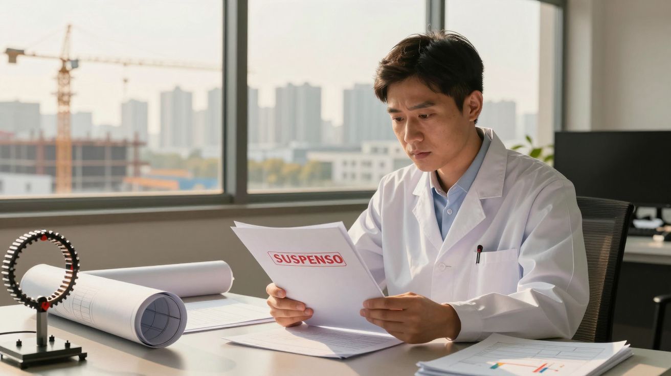 Homem de jaleco branco lê documento com a palavra "SUSPENSO" num escritório com janela e horizonte urbano.