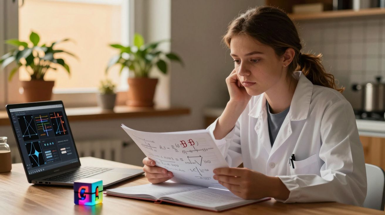 Mulher com bata branca estuda equações matemáticas, com portátil aberto em mesa de madeira e plantas ao fundo.