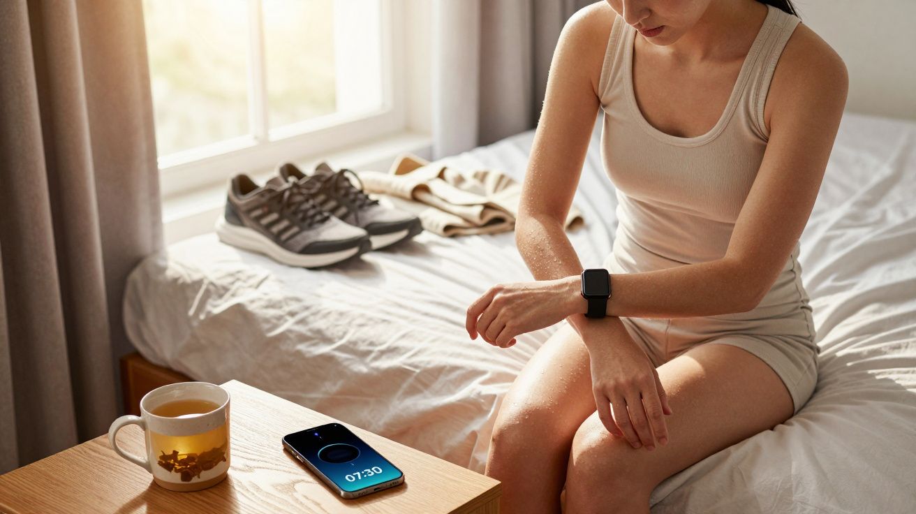 Mulher sentada numa cama, a verificar um smartwatch. Sapatos e chá ao lado, smartphone mostra 07:30.