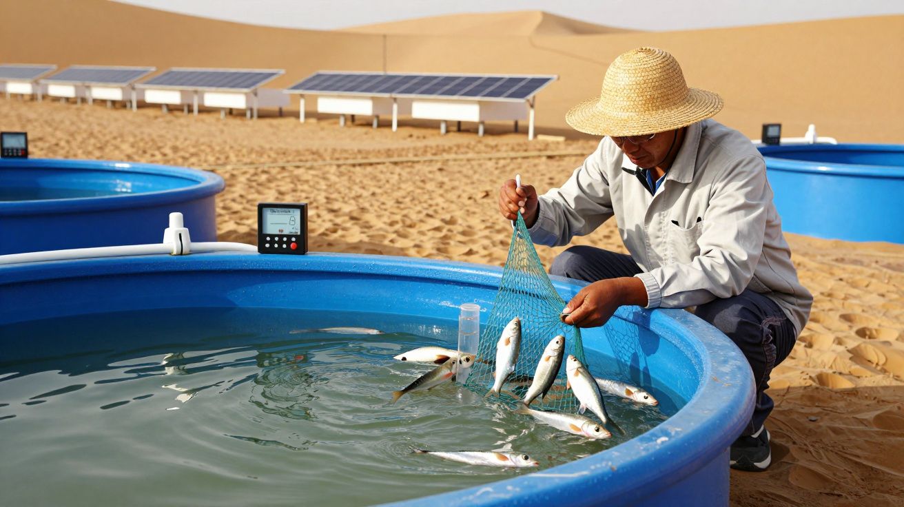 Pessoa num deserto, colhendo peixes de tanque azul com rede. Painéis solares ao fundo.