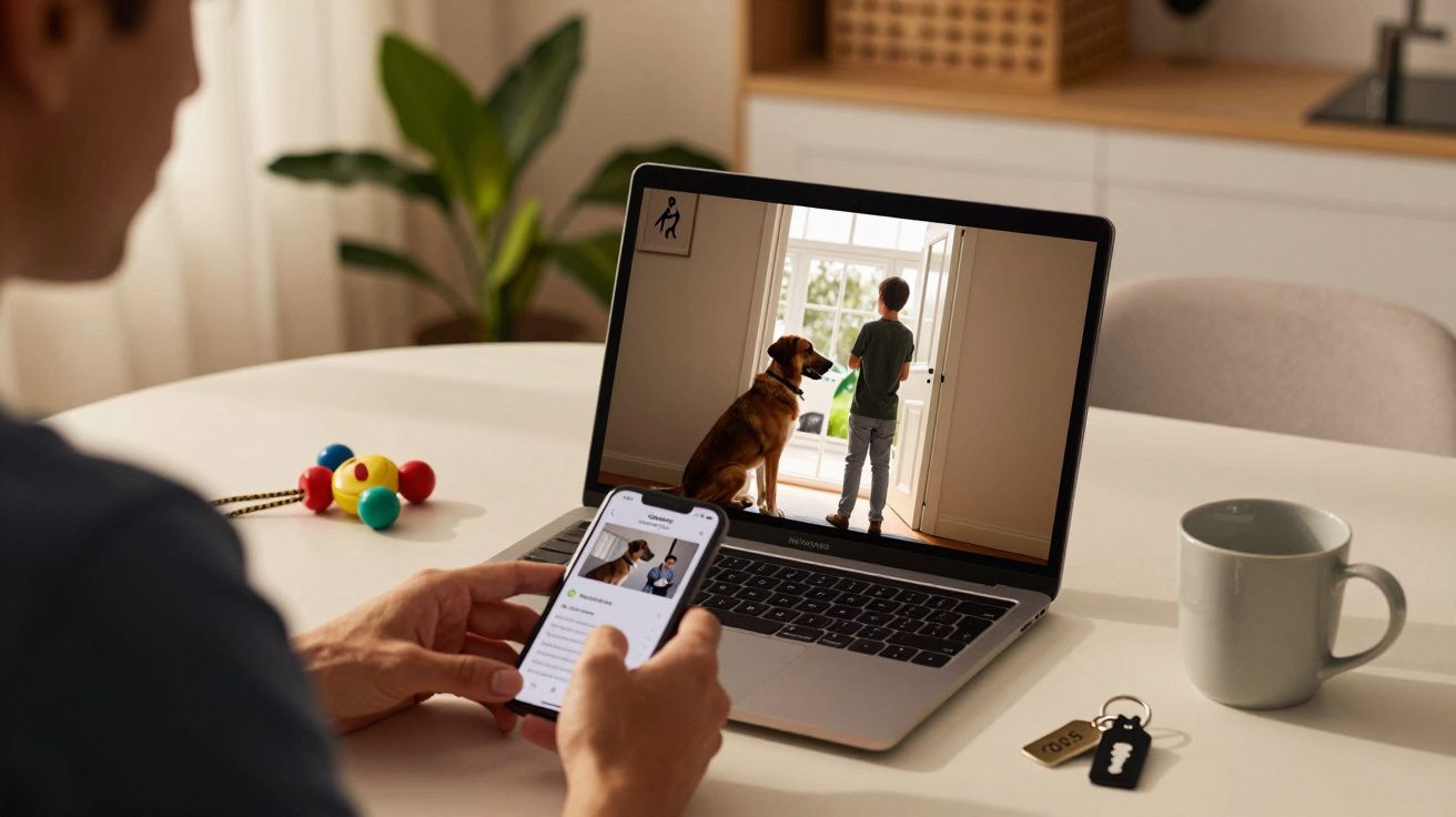 Homem usa smartphone em frente a portátil que mostra criança e cão à porta. Mesa com chávena, brinquedos e chaves.