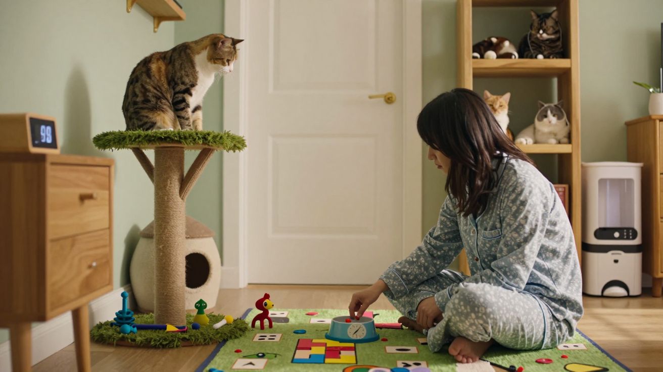 Mulher de pijama a brincar no tapete com brinquedos, gato em arranhador e outros gatos numa estante ao fundo.