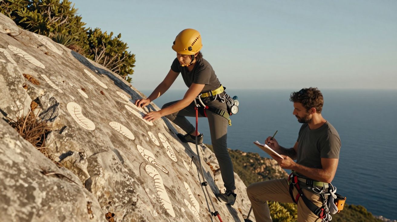 Dois escaladores examinando fósseis numa encosta, com o mar ao fundo.