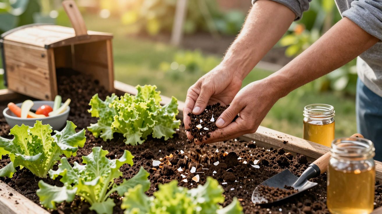Mãos adicionam fertilizante em canteiro de alface, com ferramentas e potes de mel ao lado em jardim ensolarado.