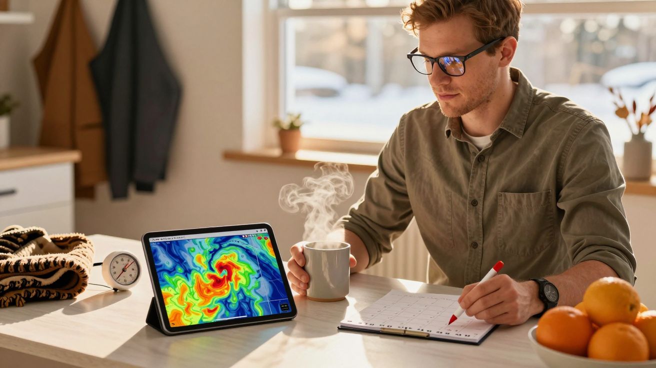 Homem de óculos verifica calendário, com chá e tablet exibindo mapa colorido. Laranja e relógio ao seu lado na mesa.