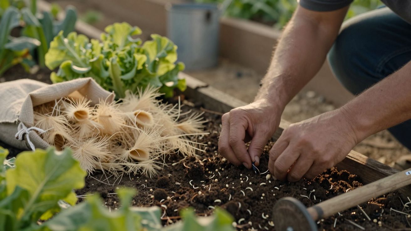 Pessoa a plantar sementes num canteiro, rodeada de alface e ferramentas de jardinagem.