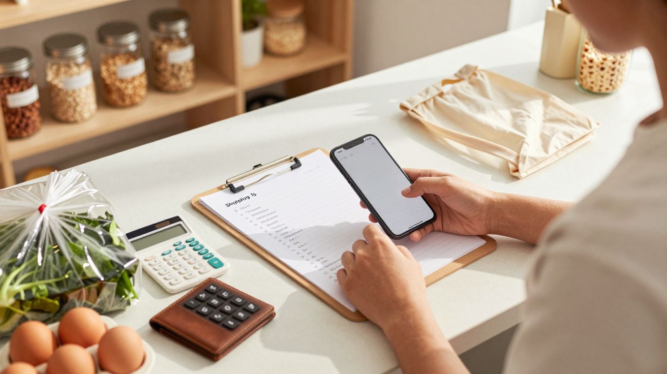 Pessoa verifica lista de compras num telemóvel, com vegetais e ovos ao lado em cima de uma mesa de cozinha.