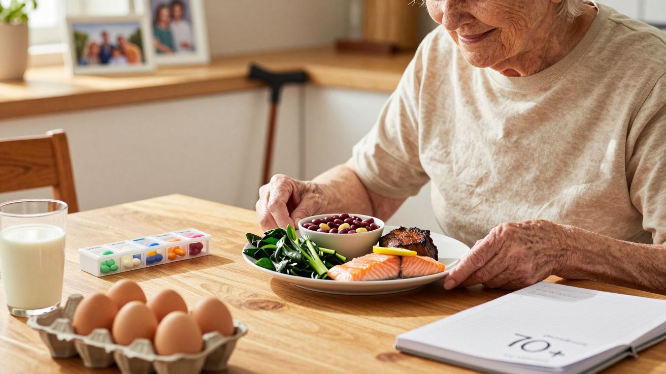 Mulher idosa sentada à mesa com prato de salmão, espinafre e feijões, ao lado de ovos, leite e caixa de medicamentos.