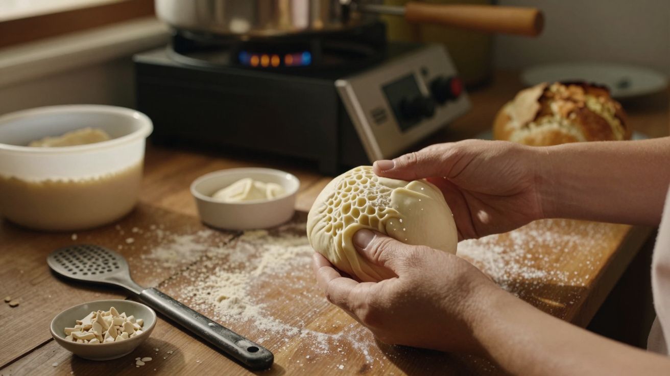 Pessoa prepara massa com textura de favo de mel numa cozinha, com utensílios e ingredientes ao redor.