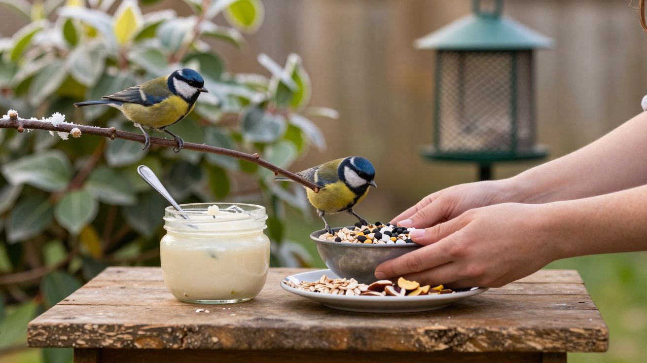 Duas aves pousadas num ramo enquanto uma pessoa serve sementes numa mesa de madeira no jardim.