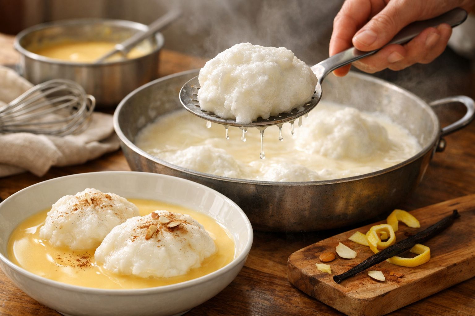 Mãos a preparar farófias numa panela, rodeadas de ingredientes como canela, ovos e vagem de baunilha.