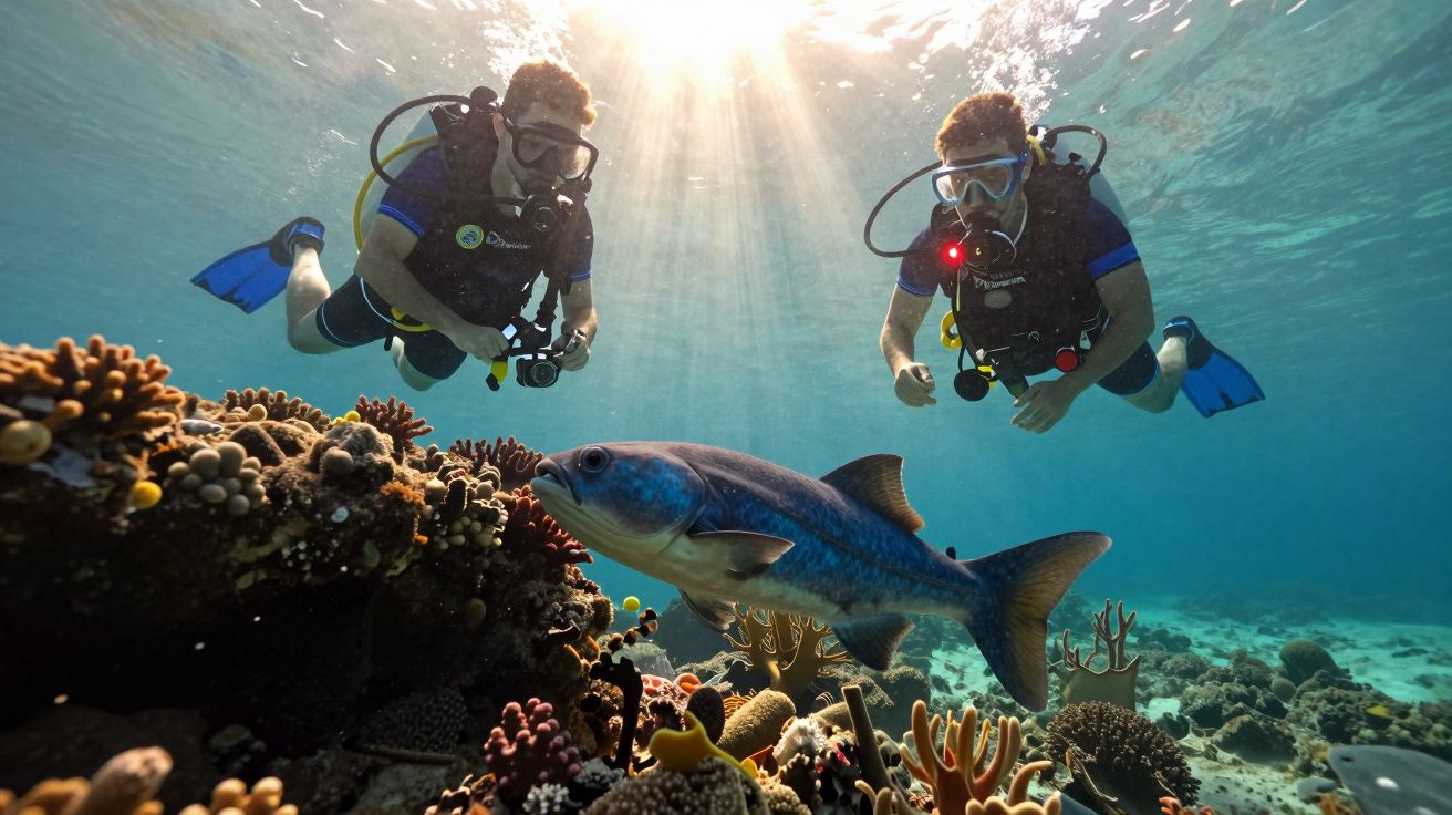 Dois mergulhadores observam um peixe nadando sobre um recife de coral, com raios de sol atravessando a água.