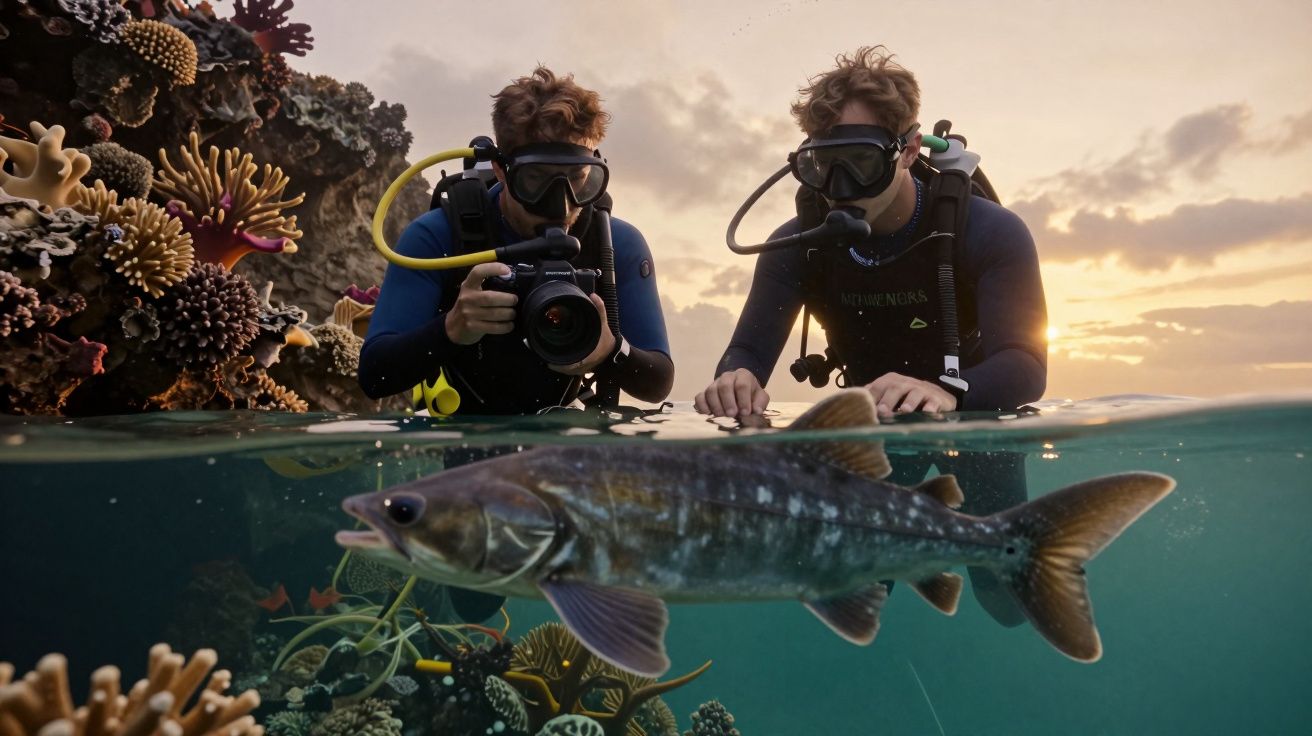 Dois mergulhadores fotografam um peixe grande perto de um recife de coral ao pôr do sol.