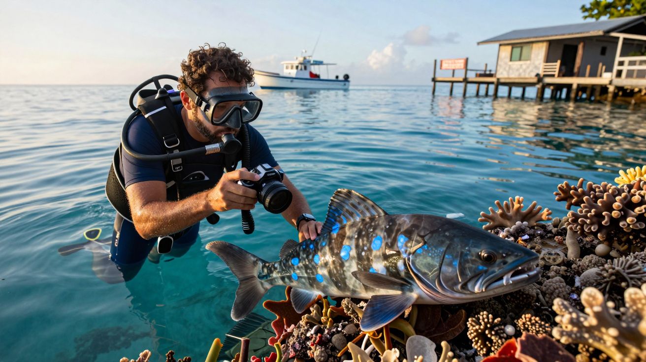 Mergulhador fotografa peixe com manchas azuis junto a recife de coral em águas tropicais, barco e casa flutuante ao fundo.