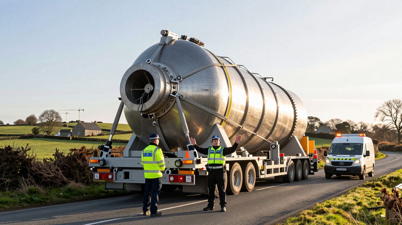 Camião transportando um grande tanque metálico com escolta policial numa estrada rural.