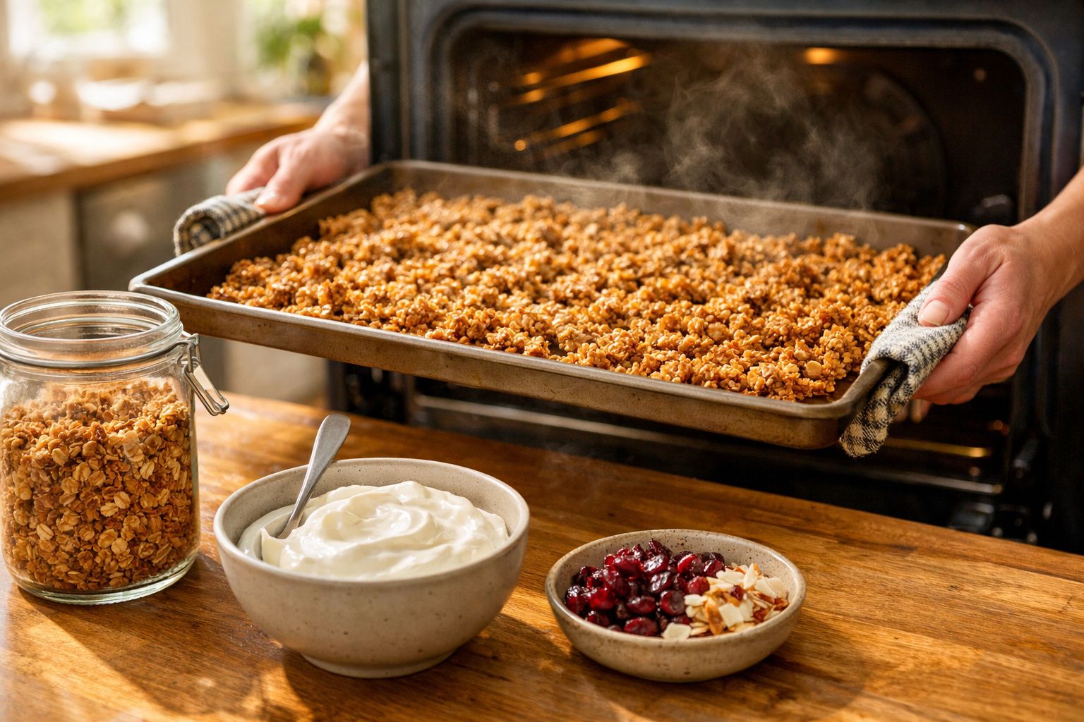 Mãos despejando granola dourada de um tabuleiro sobre uma grelha, com iogurte e sementes ao lado.