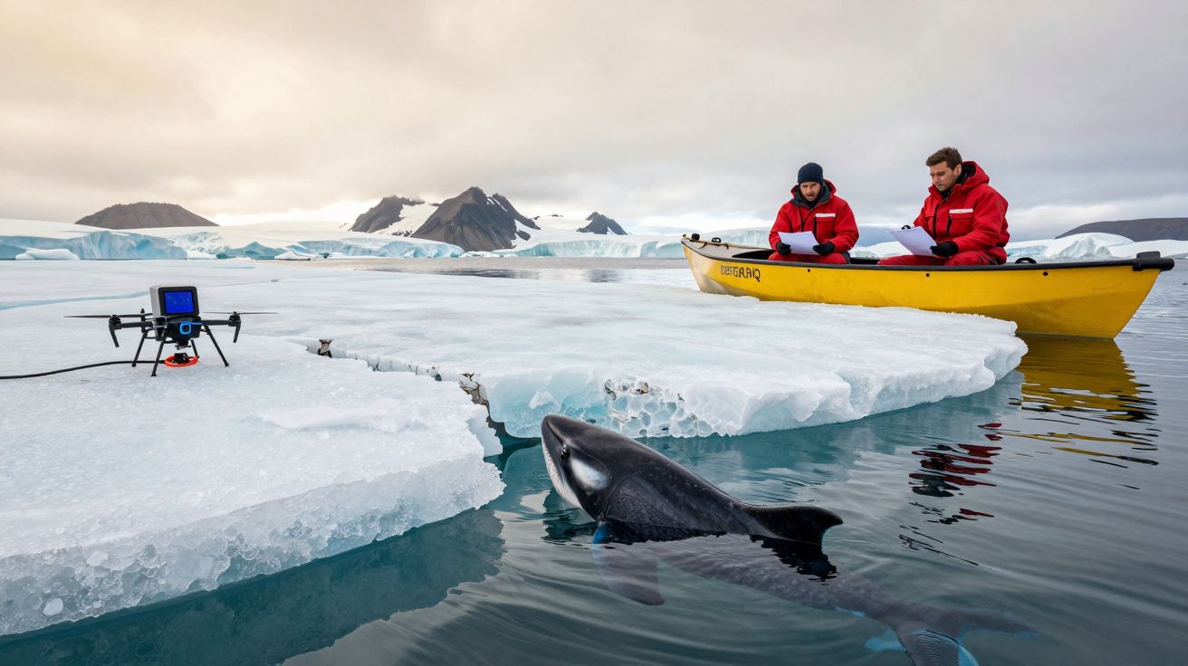 Duas pessoas num barco amarelo observam uma orca junto a um drone sobre uma placa de gelo no Ártico.