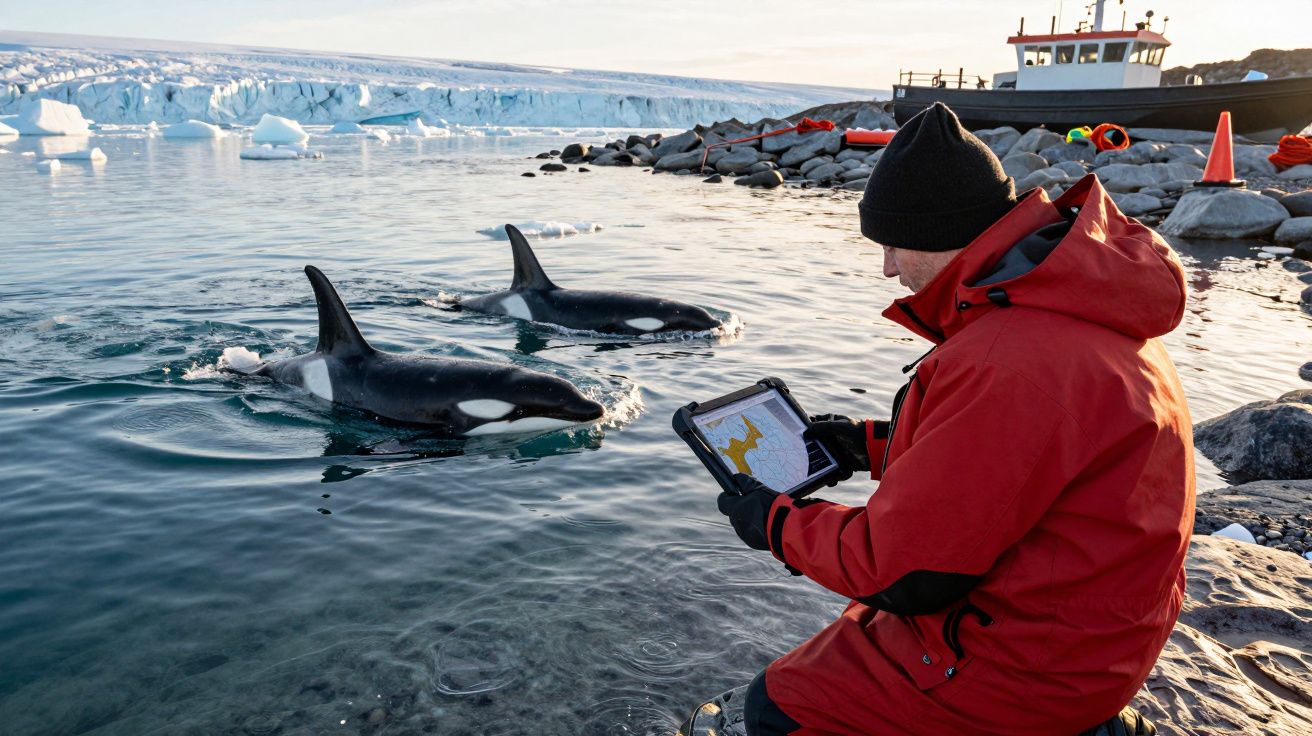 Homem em casaco vermelho junto a duas orcas na costa gelada, segurando tablet. Barco e icebergues ao fundo.