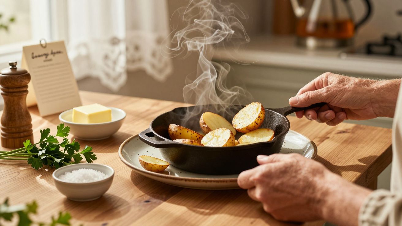 Pessoa a segurar frigideira com batatas cozidas a fumegar, sobre mesa de madeira com manteiga e salsa ao lado.