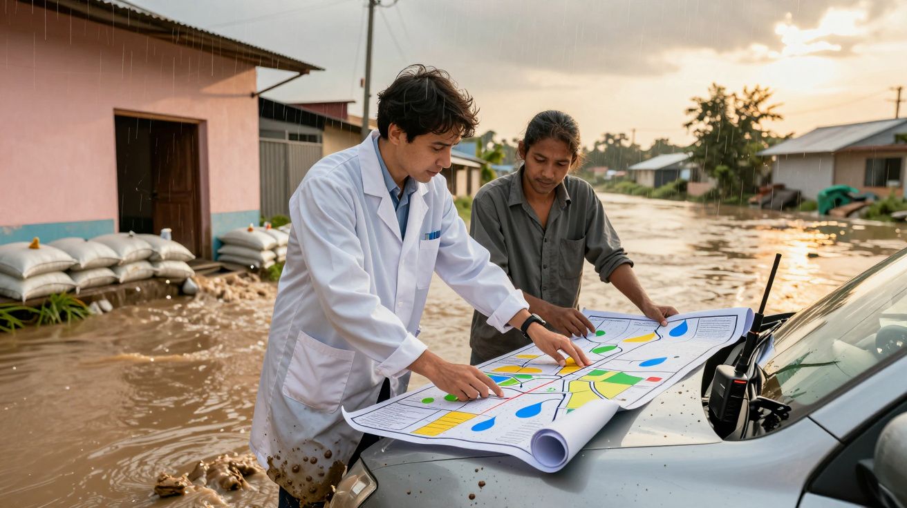 Duas pessoas analisam um mapa em cima de um carro durante uma inundação numa zona residencial, ao pôr do sol.