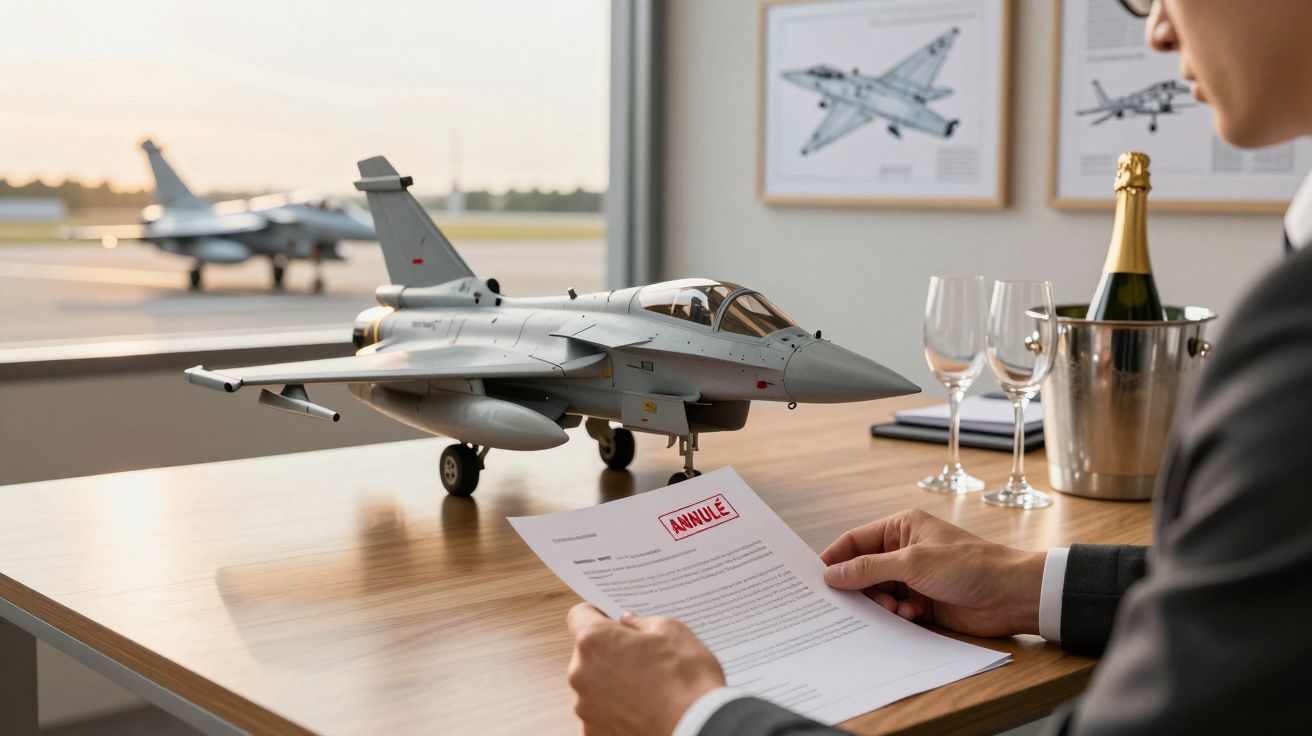 Homem revê documento cancelado ao lado de um modelo de jato em miniatura, com jato real ao fundo e champanhe na mesa.