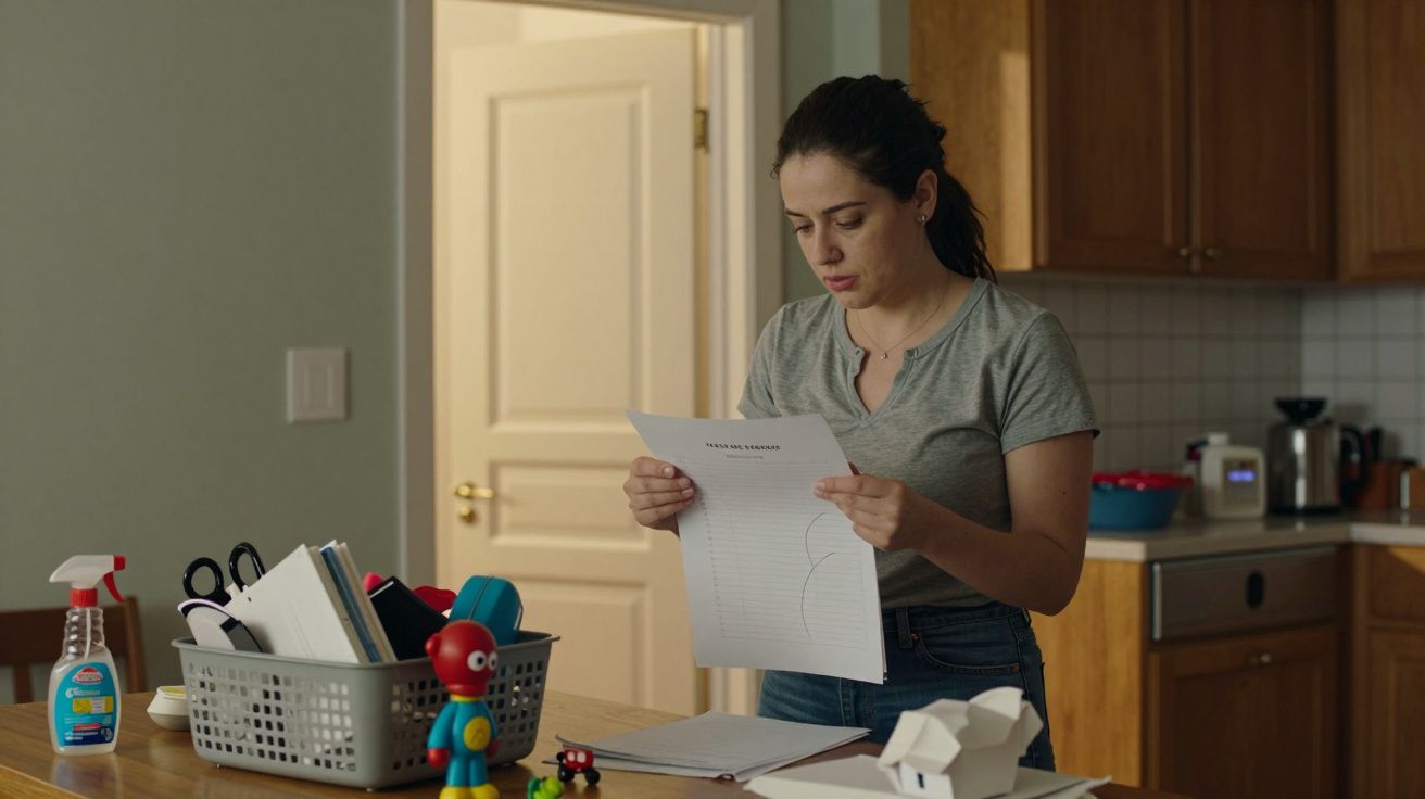 Mulher em pé na cozinha, lendo um documento ao lado de uma cesta com utensílios e brinquedos sobre a bancada.