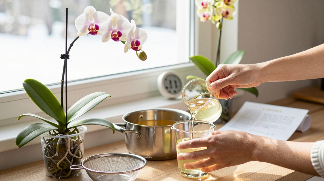 Pessoa prepara chá junto a orquídeas em vaso numa bancada de madeira perto de uma janela.
