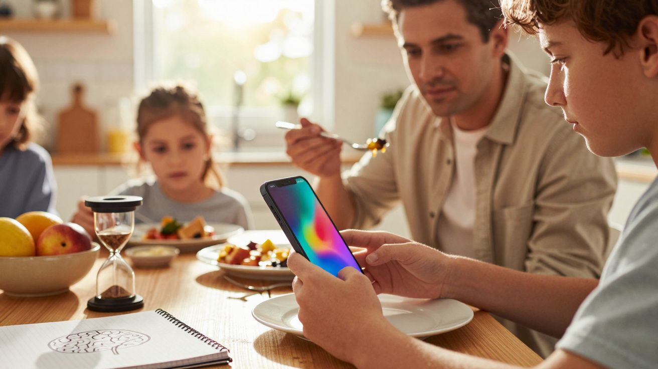 Rapaz segura smartphone à mesa. Família janta ao fundo. Relógio de areia e bloco de notas com desenho de cérebro na mesa.