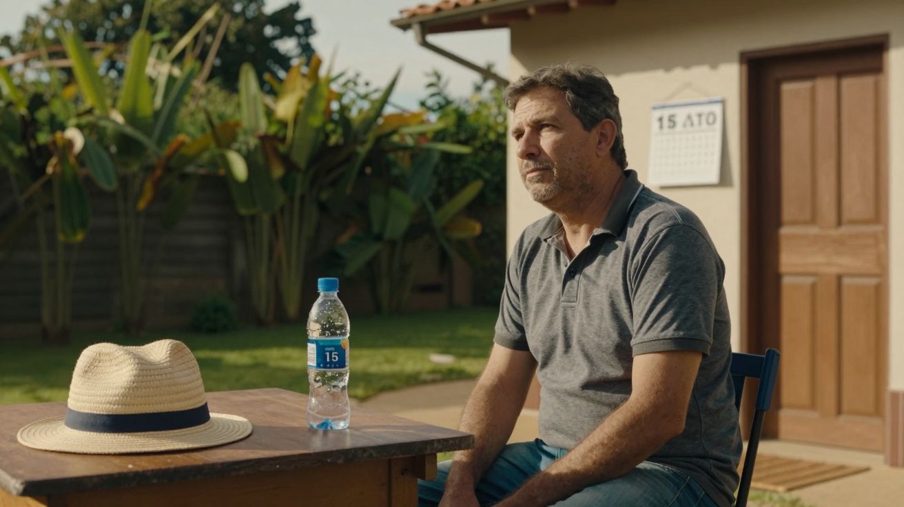 Homem sentado ao ar livre, junto a uma mesa com chapéu de palha e garrafa de água, plantas e calendário ao fundo.