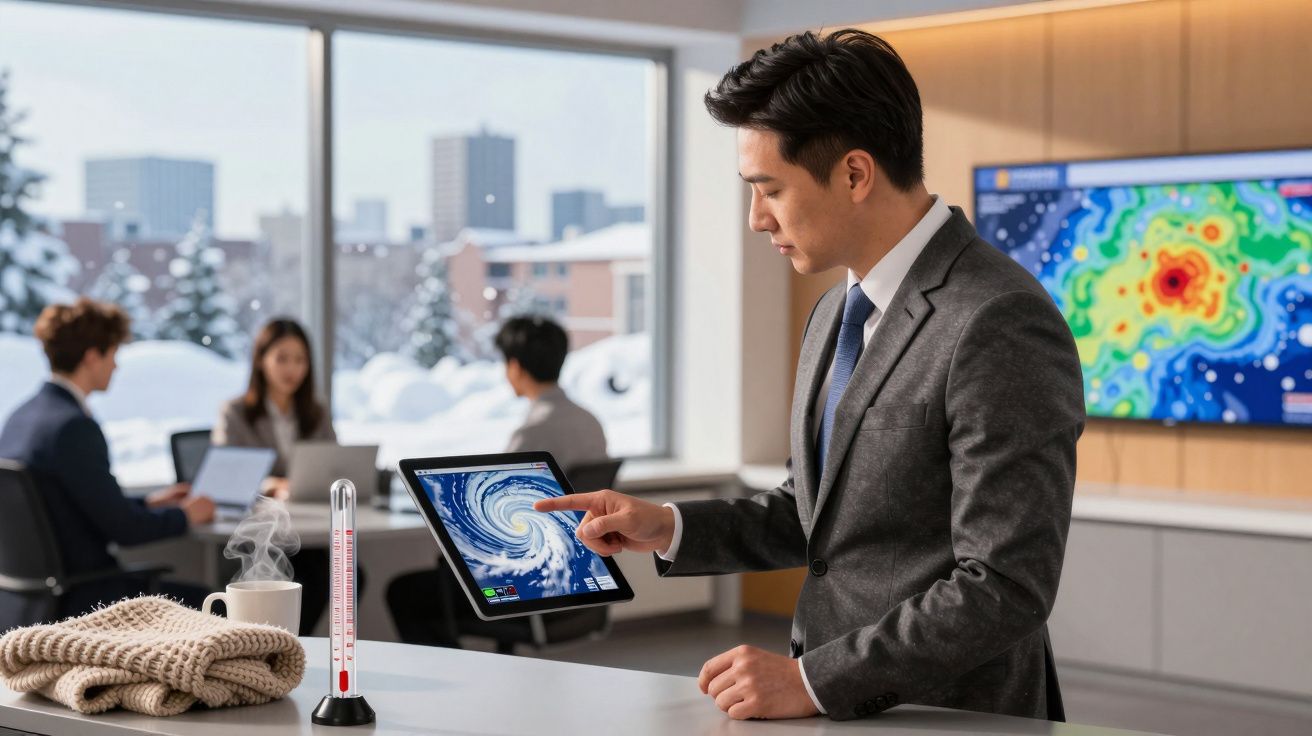 Homem analisa mapa de tempestade num tablet em escritório com neve lá fora; colegas ao fundo, ecrã de previsão na parede.