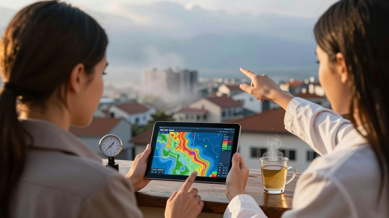 Duas mulheres analisam dados meteorológicos num tablet ao ar livre, com chávena e manómetro ao lado.