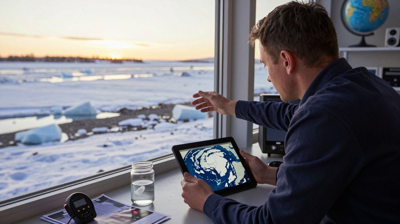 Homem estudando mapa de gelo no tablet junto à janela com neve lá fora.