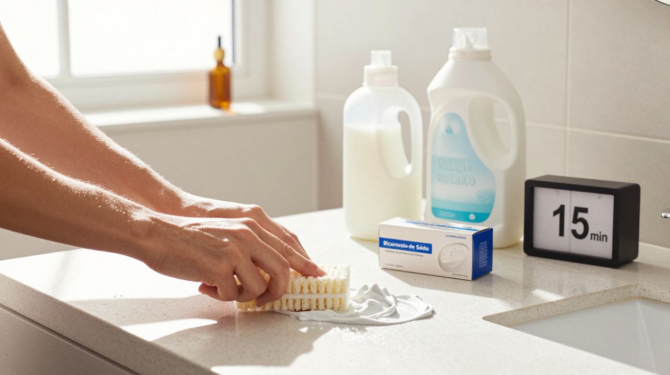 Mãos a esfregar a bancada com escova e sabão; produtos de limpeza ao fundo ao lado de um cronómetro mostrando 15 min.