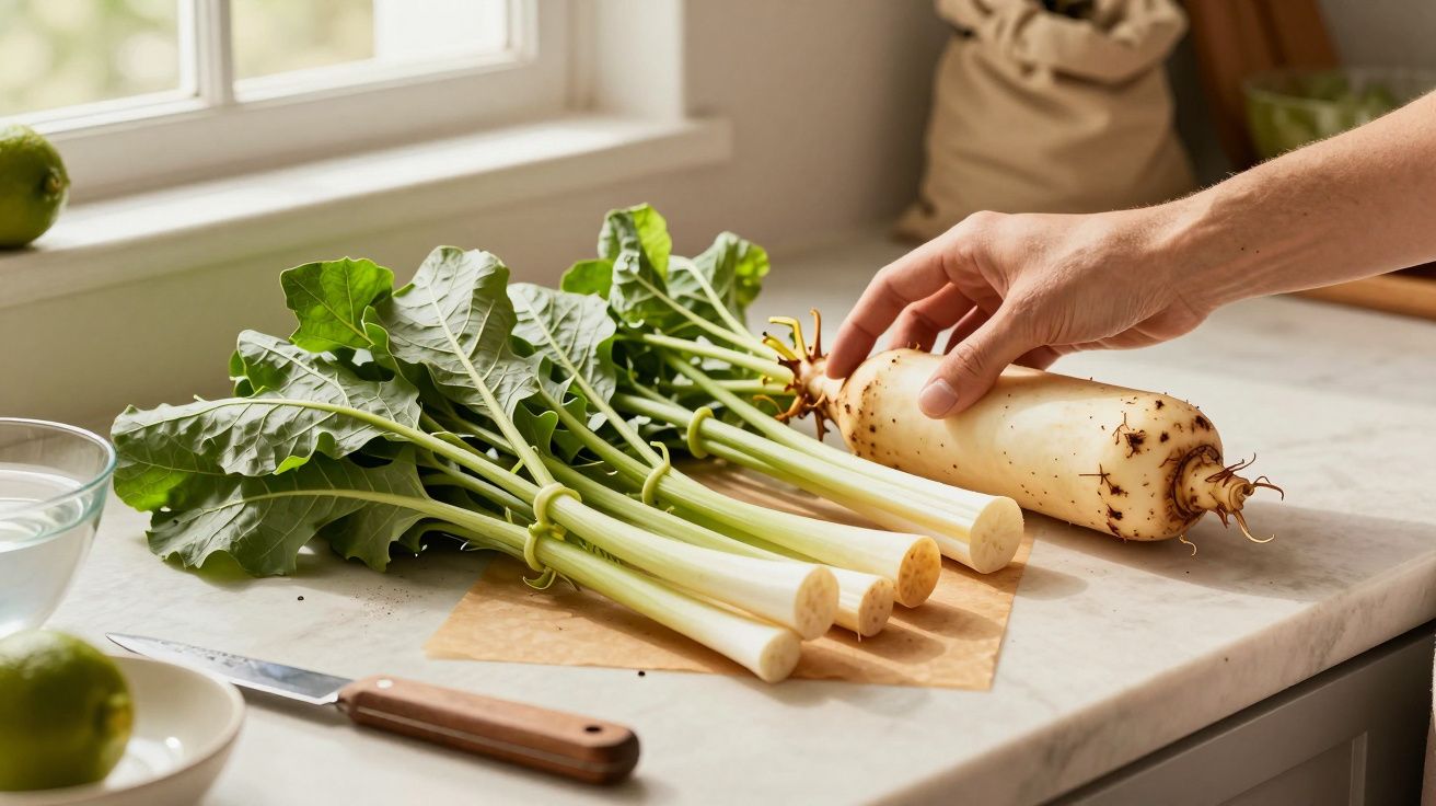 Mão segura raíz de lótus sobre bancada com folhas verdes e facas ao lado de janela iluminada.