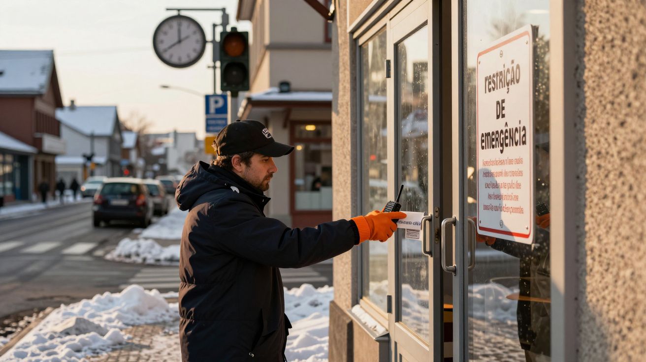Homem com luvas laranja tenta abrir porta sob aviso de restrição de emergência em cidade nevada.