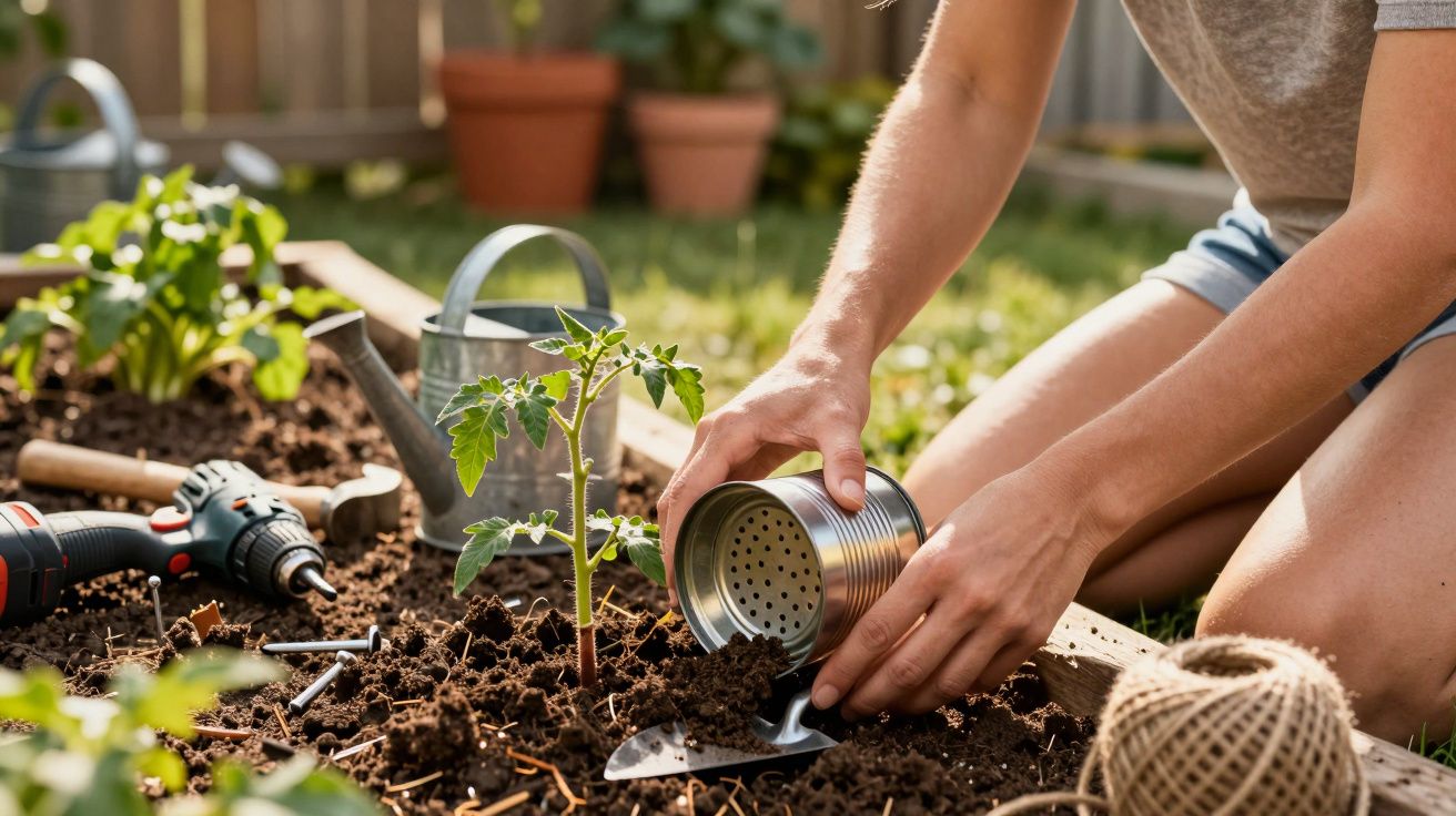 Pessoa a plantar muda de tomateiro num jardim, usando uma lata de metal como proteção, com ferramentas ao redor.