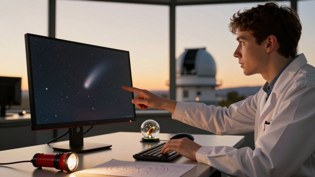 Cientista observa imagem de cometa num monitor em laboratório com telescópio ao fundo durante o pôr do sol.
