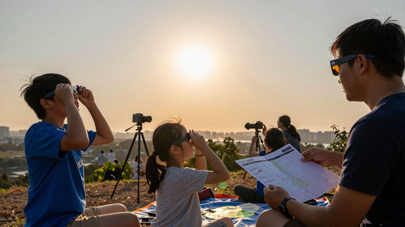 Três pessoas usam óculos de proteção para observar um eclipse solar durante o pôr do sol em uma colina, com câmaras ao redor.