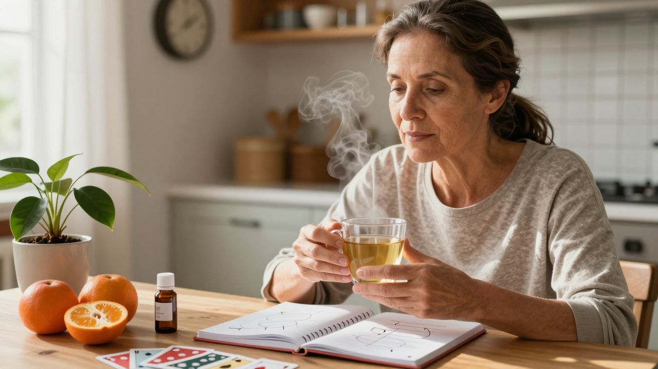 Mulher madura sentada na cozinha, segurando chá quente e olhando para um livro com frutas e remédio na mesa.