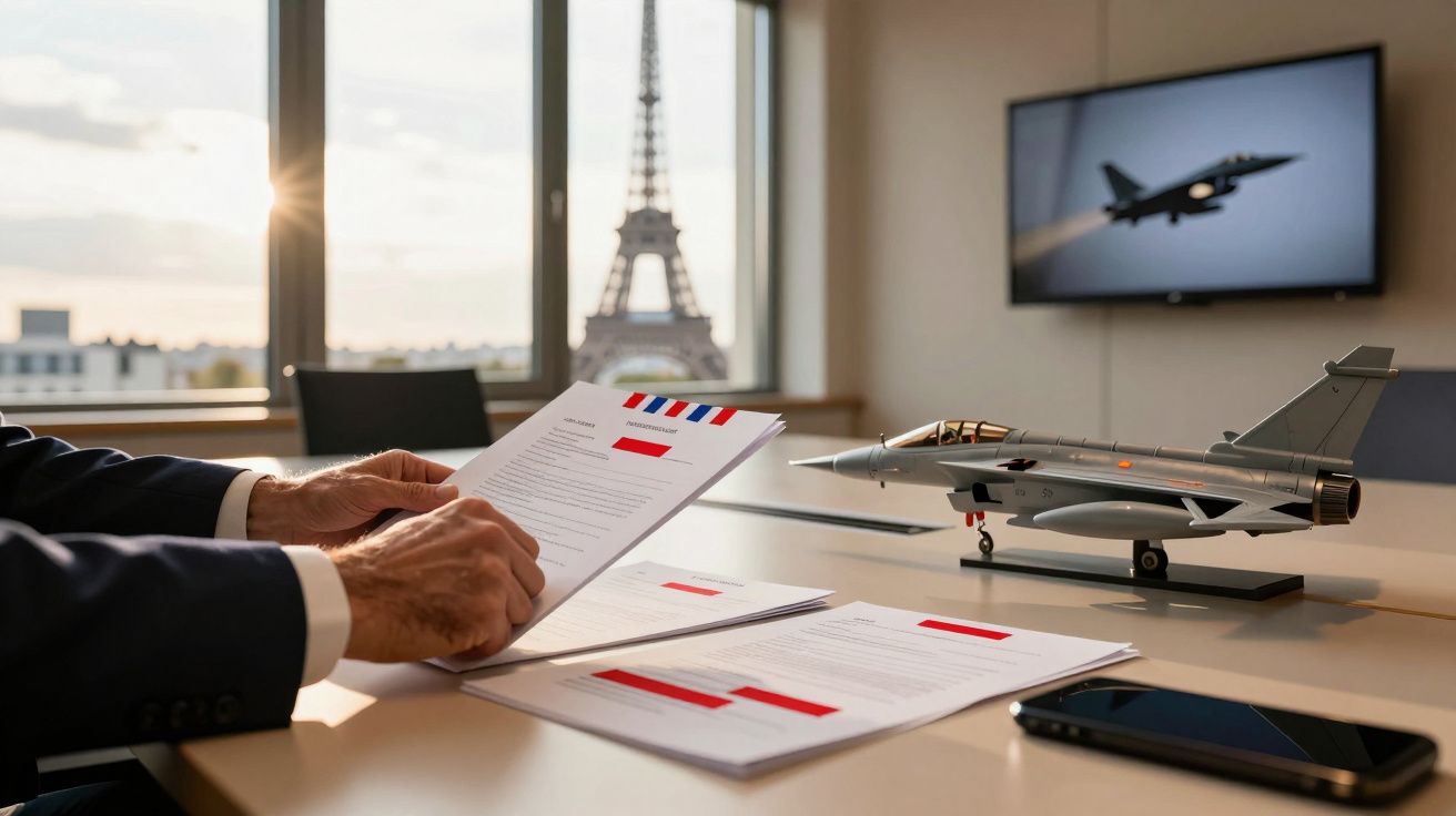 Pessoa analisa documentos em sala de reuniões com miniatura de caça, vista da Torre Eiffel e ecrã com avião.