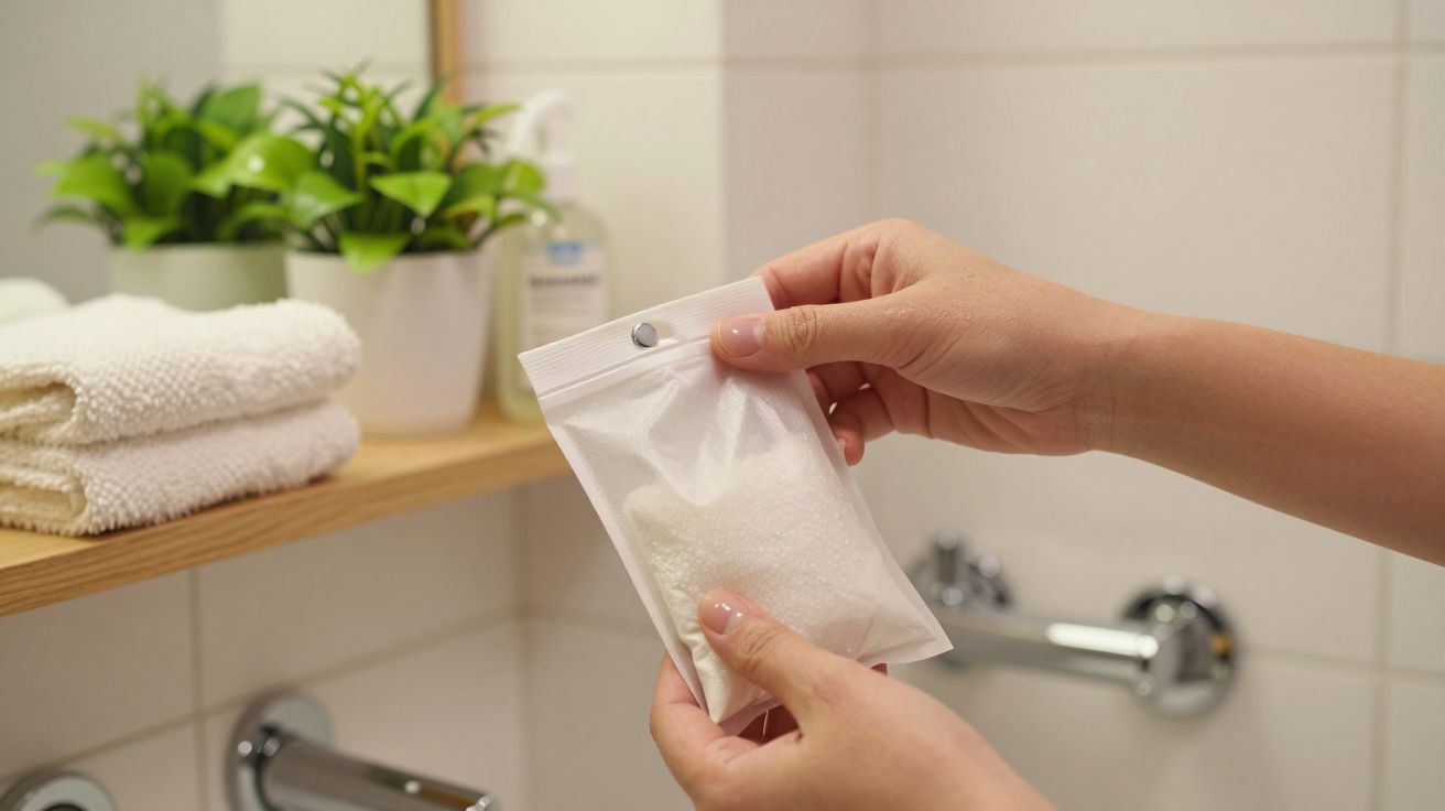 Mãos seguram embalagem de plástico transparente com produto branco, num banheiro com toalhas e plantas ao fundo.