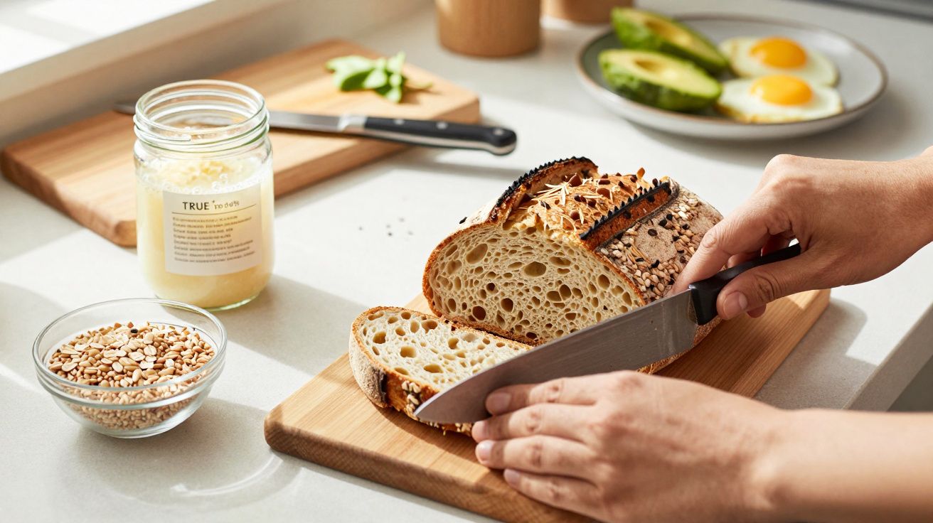 Mãos a cortar fatias de pão fresco numa tábua, com sementes, mel e ovos com abacate ao fundo.