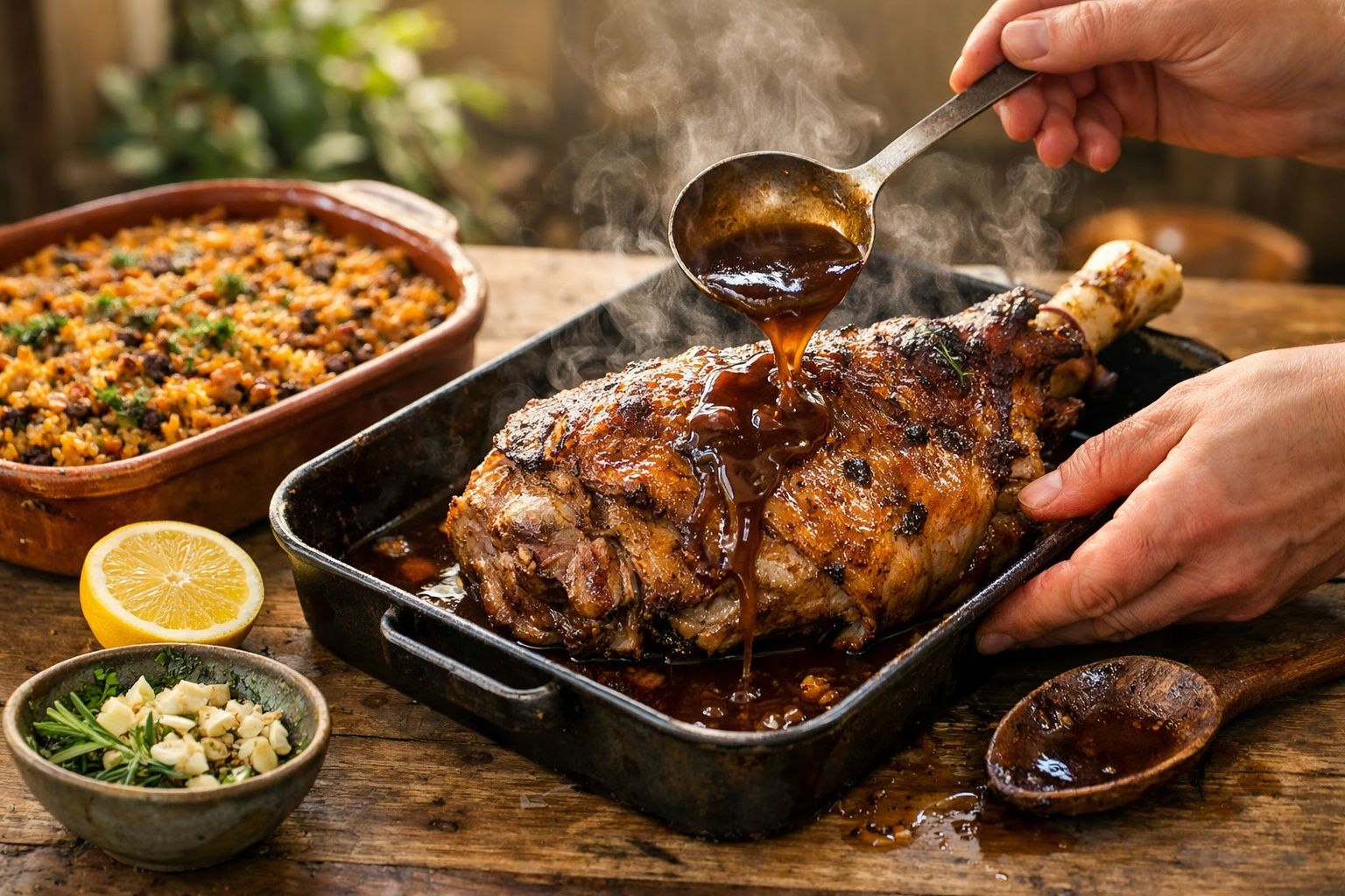 Perna de cordeiro assada numa travessa, com molho a ser servido, acompanhada de cuscuz e especiarias ao lado.