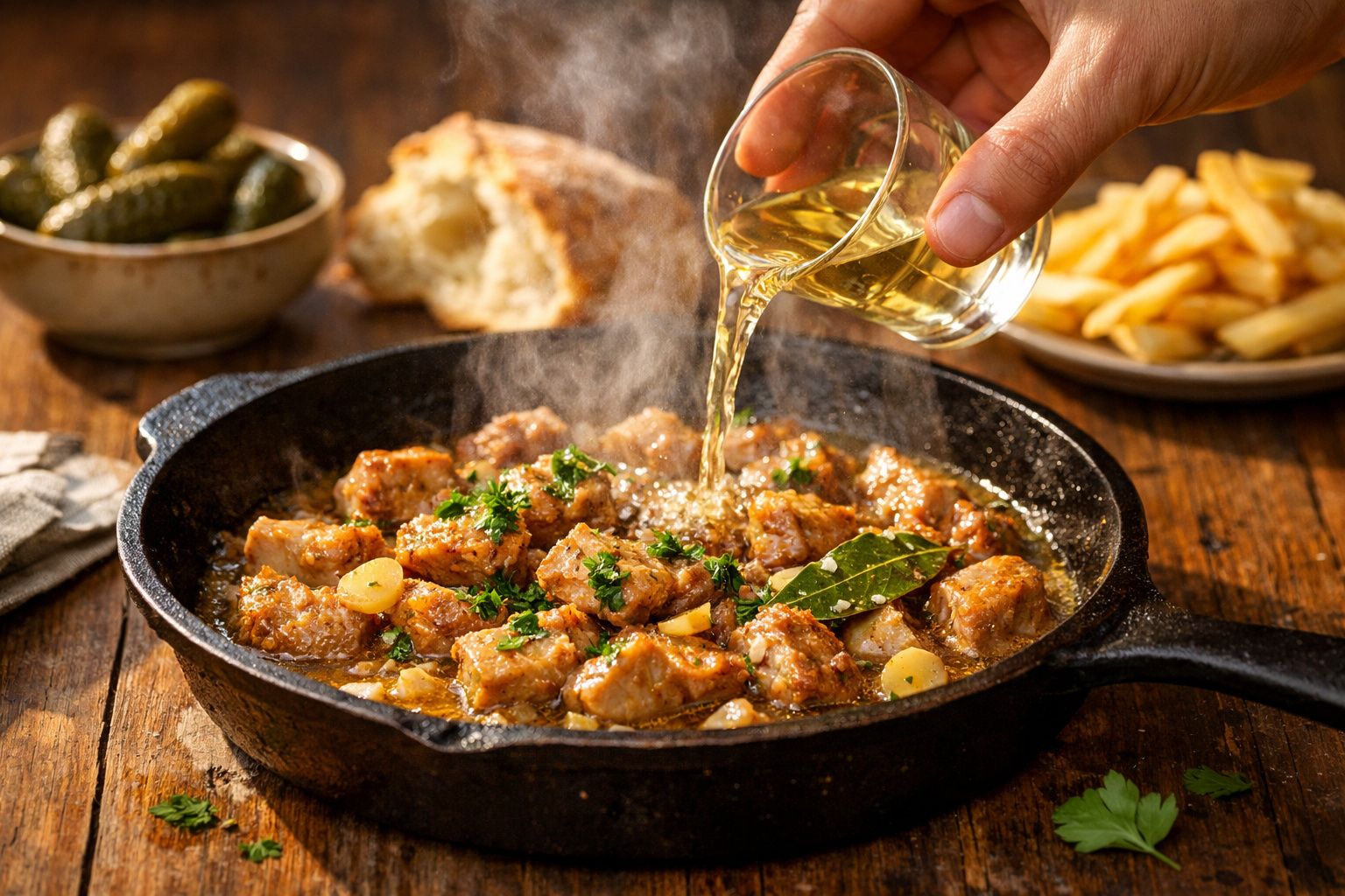 Pessoa mexendo almondegas num tacho de ferro fundido, com pão e azeitonas em volta sobre mesa rústica.