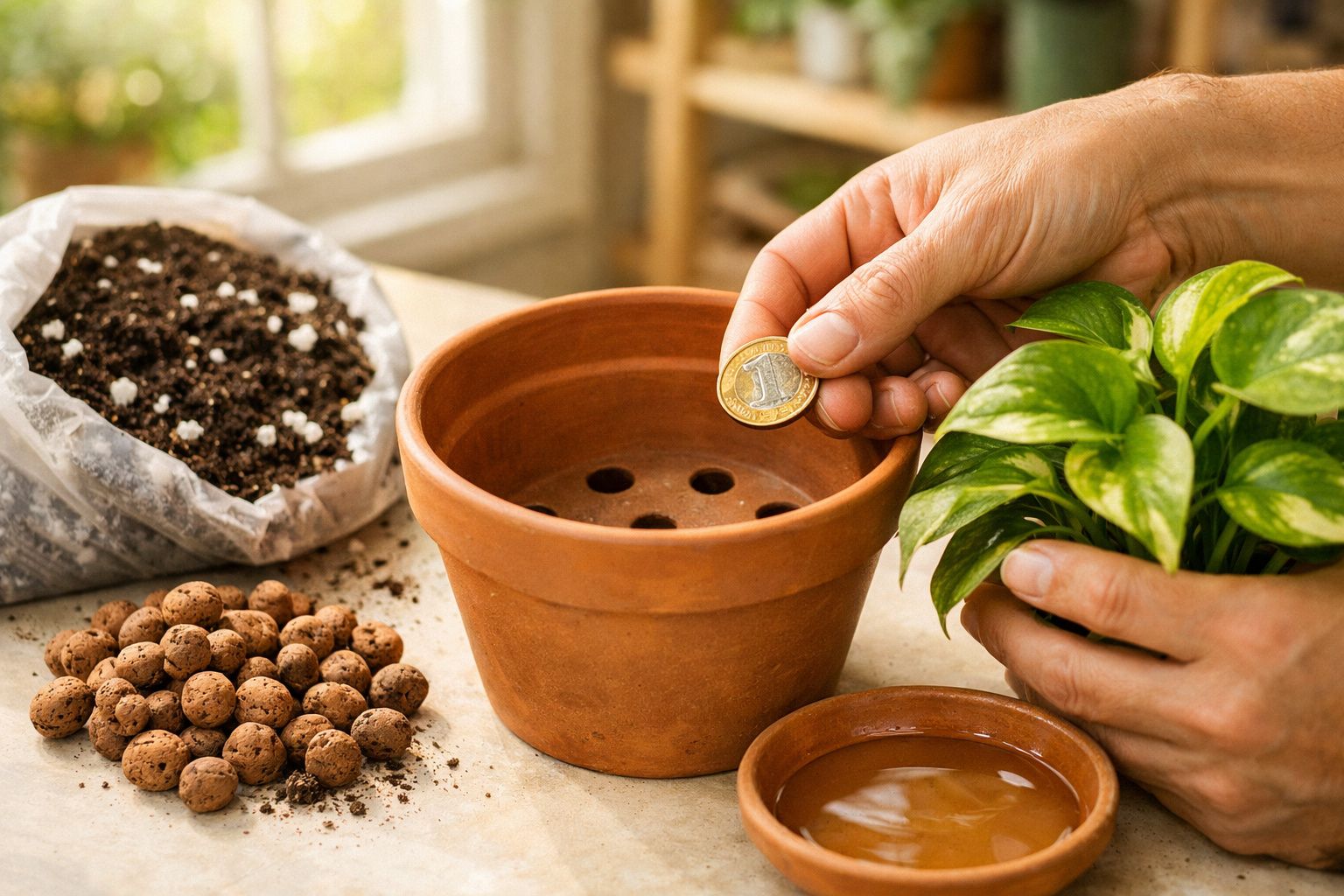 Mão segura moeda sobre vaso de barro com planta, terra, argila expandida e pires ao lado.