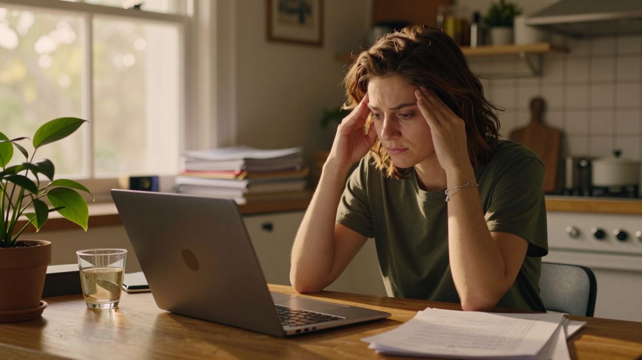 Mulher preocupada olhando para o portátil numa cozinha, rodeada de papéis e copo de água.