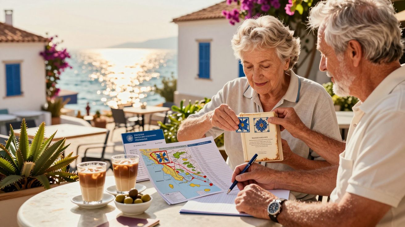 Casal sênior planeia viagem com mapas, num terraço costeiro, ao pôr-do-sol. Dois cafés e azeitonas sobre a mesa.