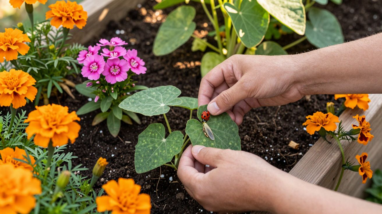 Mãos segurando folha com joaninha num jardim com flores alaranjadas e rosas.