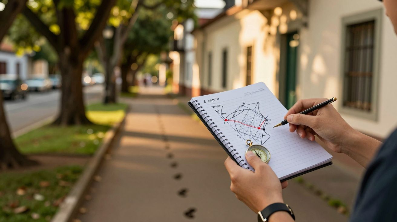 Pessoa segura caderno com diagrama e bússola numa rua arborizada e ensolarada.